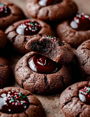 Delicious chocolate thumbprint cookies topped with jam and chocolate icing.