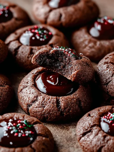 Delicious chocolate thumbprint cookies topped with jam and chocolate icing.
