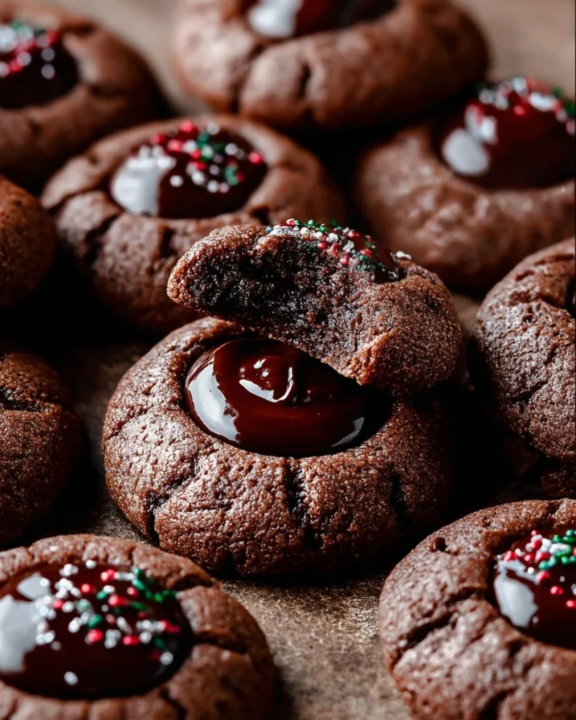Delicious chocolate thumbprint cookies topped with jam and chocolate icing.