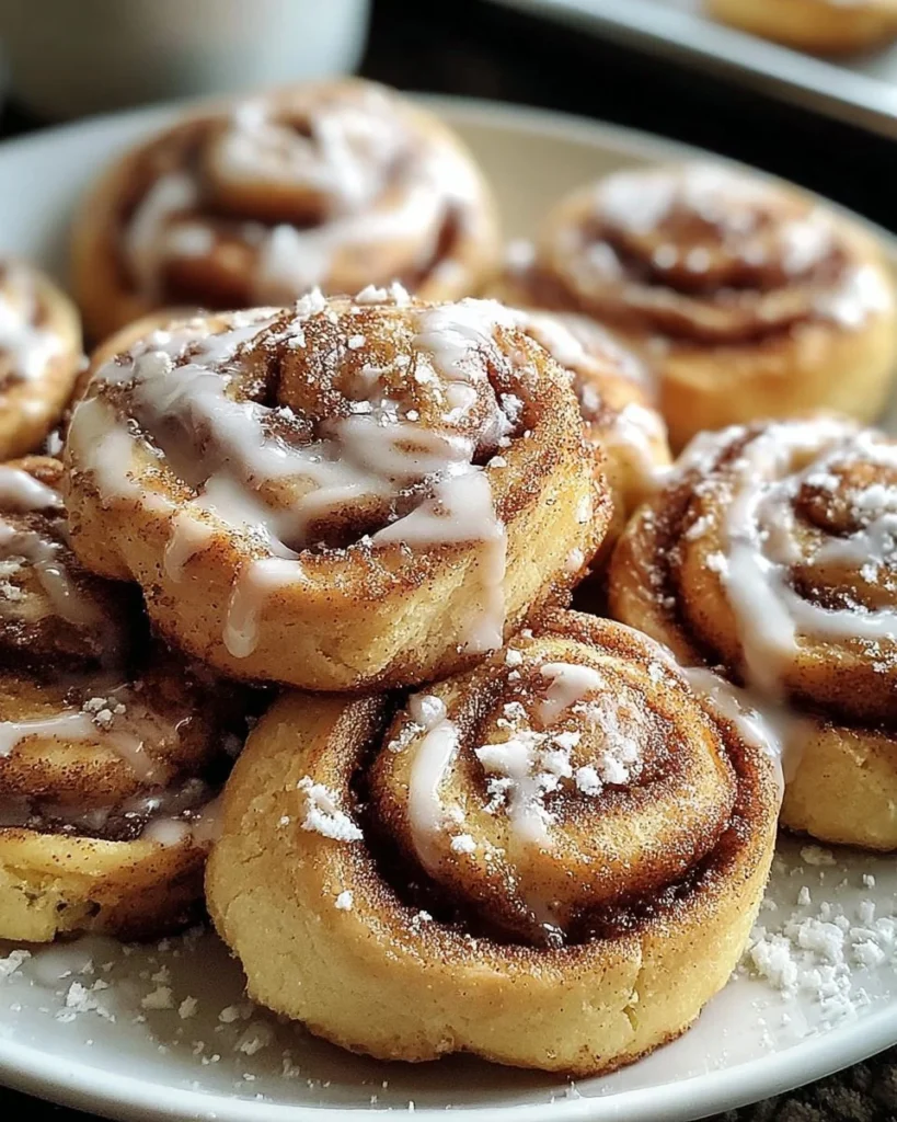 Delicious cinnamon roll cookies with icing on a plate