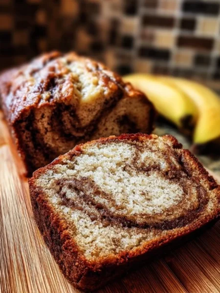 Freshly baked cinnamon swirl banana bread cooling on a wire rack