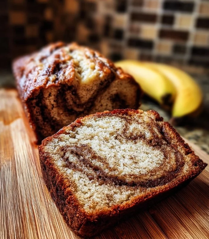 Freshly baked cinnamon swirl banana bread cooling on a wire rack