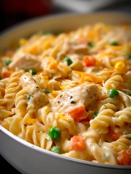 Delicious classic chicken pot pie pasta, a comforting and hearty meal.