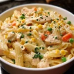 Classic Chicken Pot Pie Pasta served in a creamy sauce with vegetables and herbs