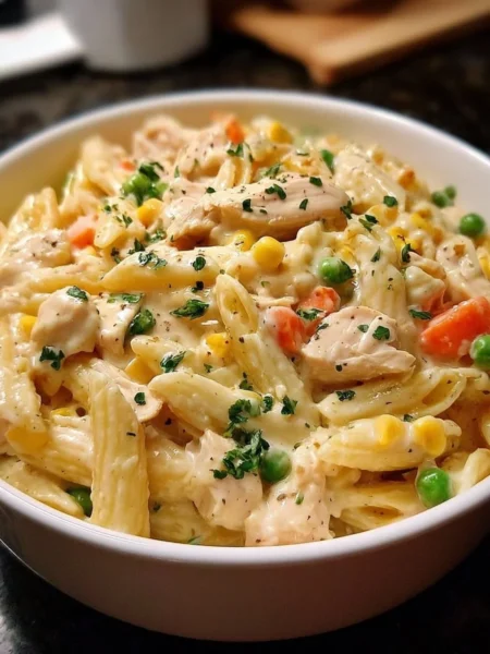 Classic Chicken Pot Pie Pasta served in a creamy sauce with vegetables and herbs