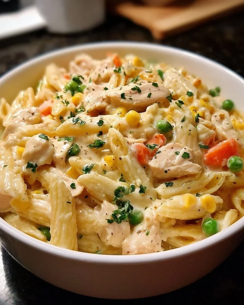 Classic Chicken Pot Pie Pasta served in a creamy sauce with vegetables and herbs
