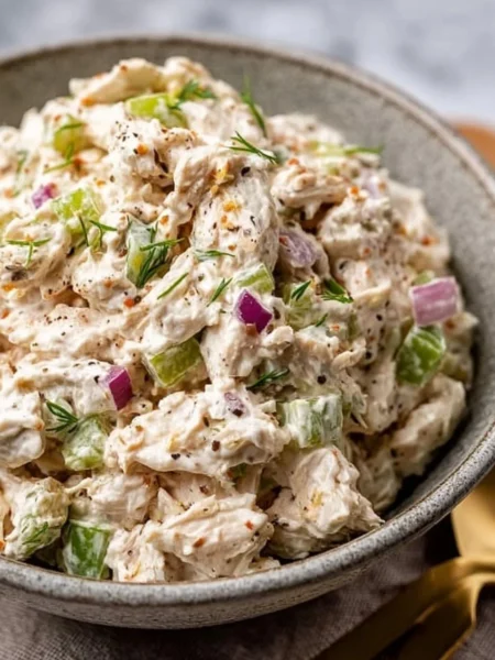Delicious classic chicken salad in a bowl with fresh ingredients.
