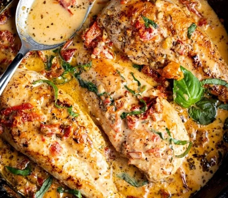 Delicious Marry Me Chicken served with herbs and creamy sauce on a plate.