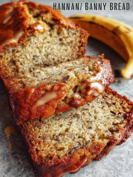 Freshly baked classic honey vanilla banana bread loaf on a wooden table.