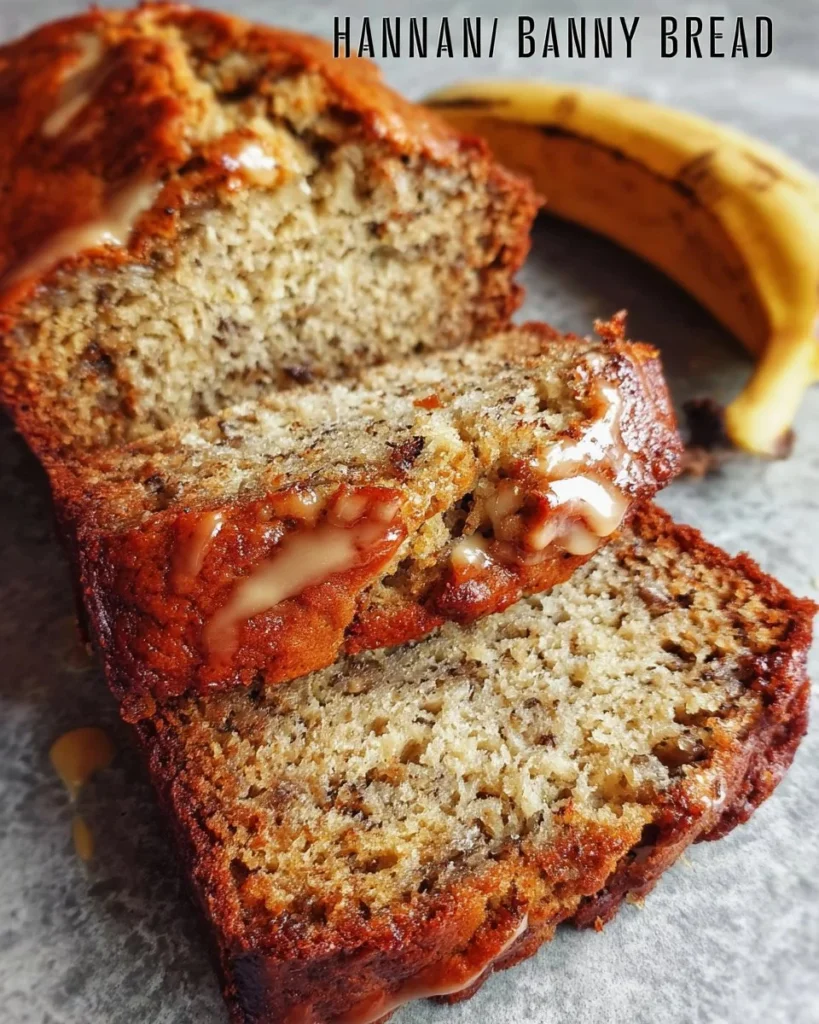Freshly baked classic honey vanilla banana bread loaf on a wooden table.