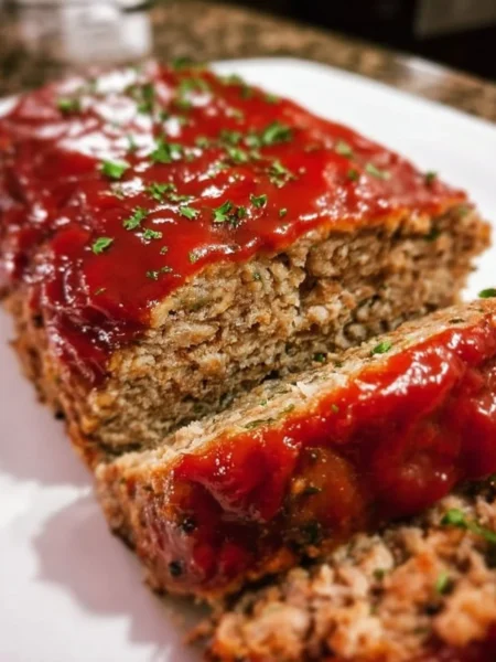 Delicious homemade classic meatloaf served with mashed potatoes