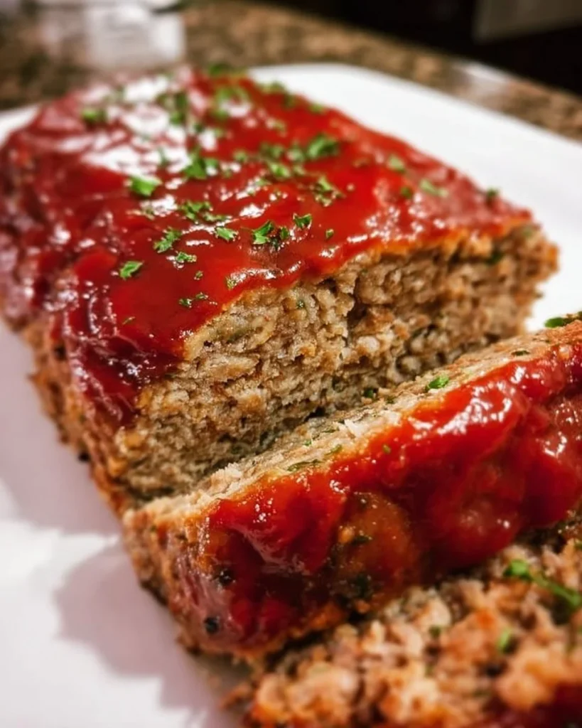 Delicious homemade classic meatloaf served with mashed potatoes