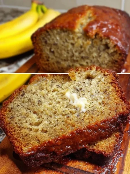 Loaf of classic moist banana bread topped with walnuts and sliced bananas