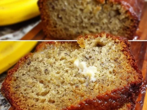 Loaf of classic moist banana bread topped with walnuts and sliced bananas