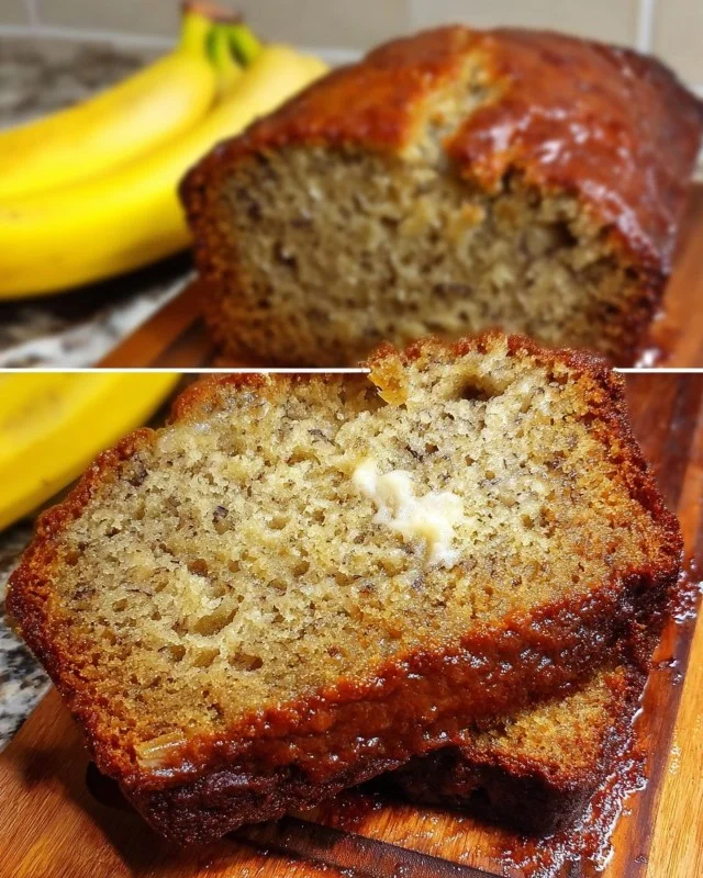 Loaf of classic moist banana bread topped with walnuts and sliced bananas