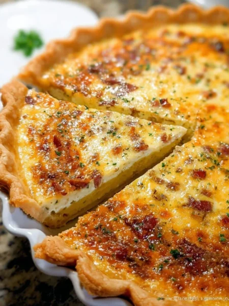 Classic Quiche Lorraine with cheese and bacon in a crispy crust
