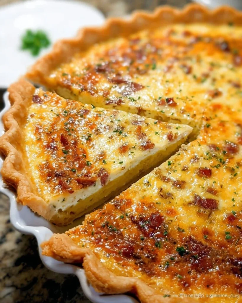 Classic Quiche Lorraine with cheese and bacon in a crispy crust