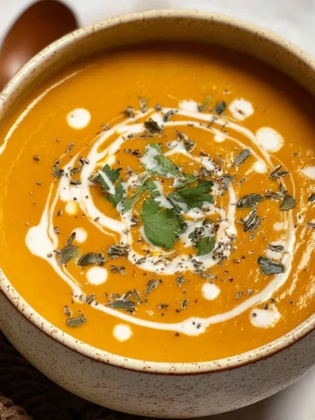 A bowl of Coconut Curry Pumpkin Soup garnished with herbs and spices