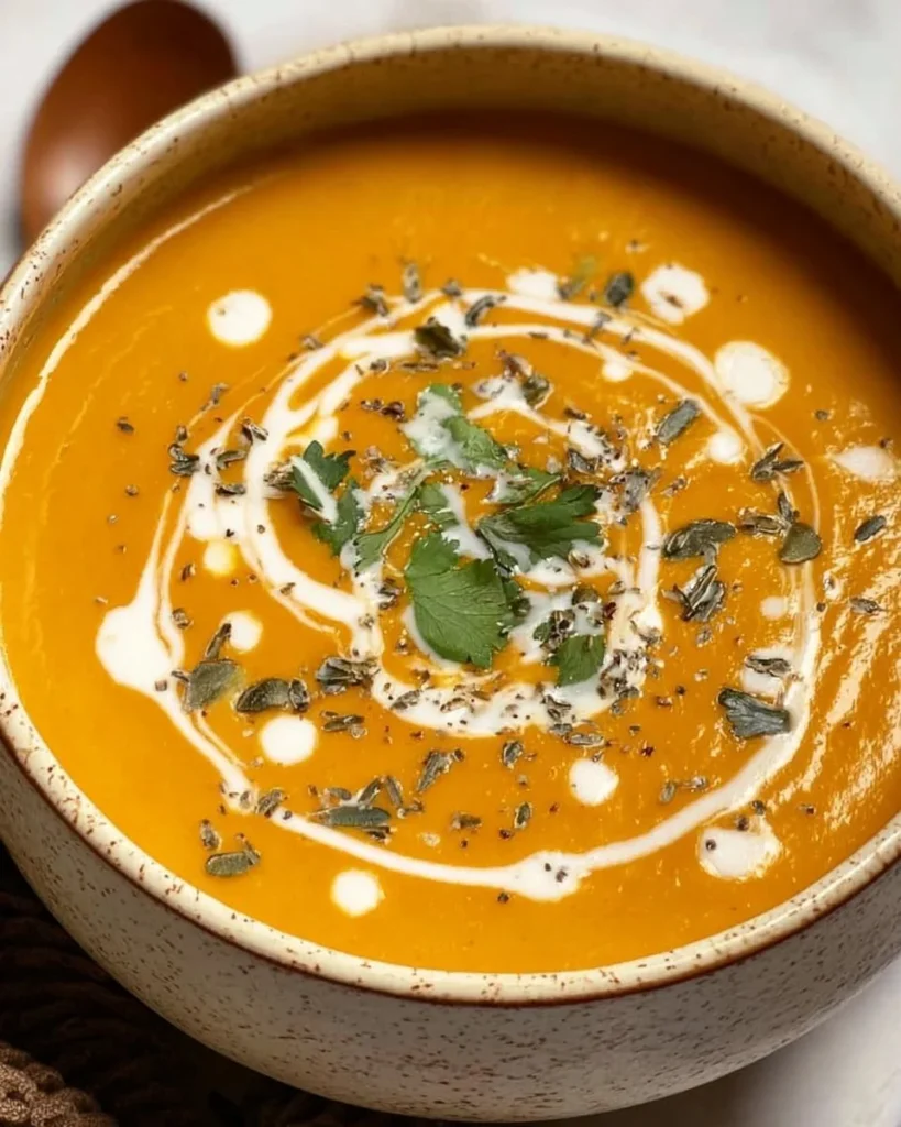 A bowl of Coconut Curry Pumpkin Soup garnished with herbs and spices