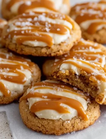Delicious copycat Crumbl salted caramel cheesecake cookies on a plate