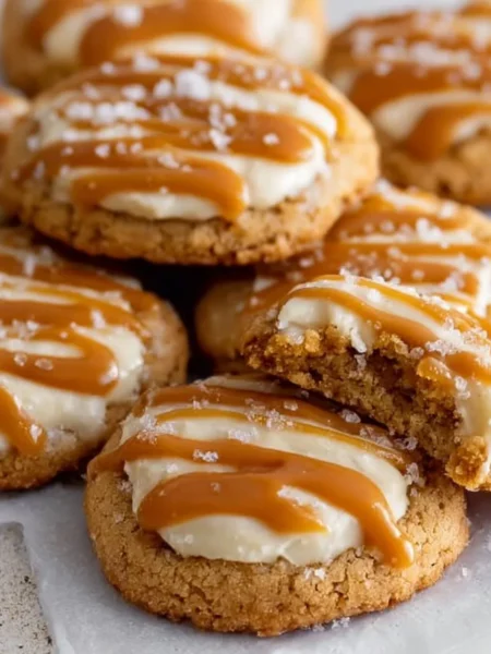 Delicious copycat Crumbl salted caramel cheesecake cookies on a plate