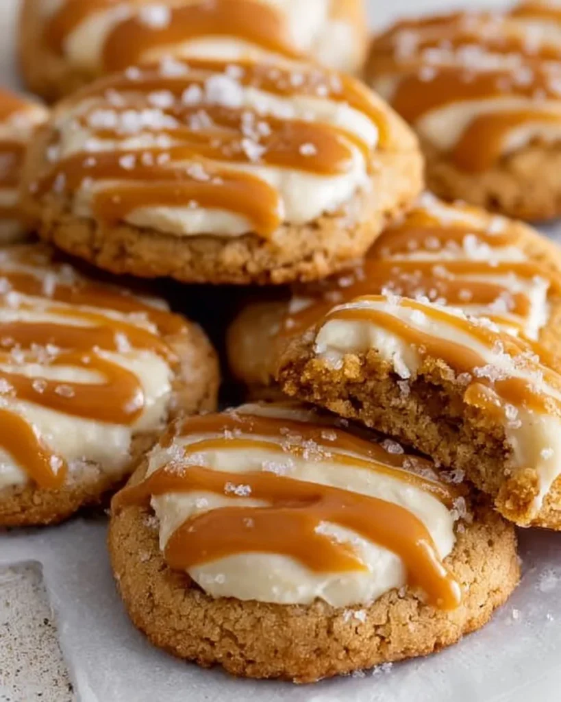 Delicious copycat Crumbl salted caramel cheesecake cookies on a plate
