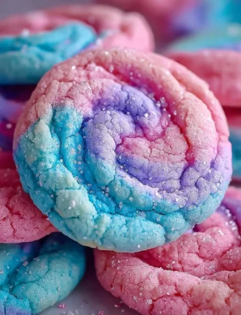 Delicious cotton candy cookies on a plate with colorful sprinkles.