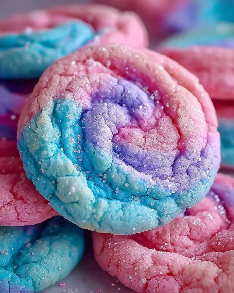 Delicious cotton candy cookies on a plate with colorful sprinkles.