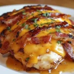 Delicious Cowboy BBQ Bacon Cheddar Chicken with melted cheese and bacon