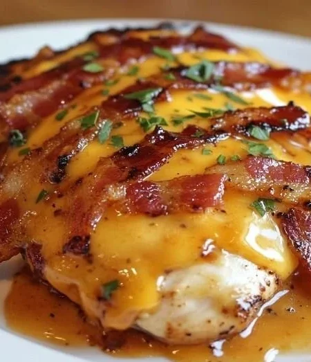 Delicious Cowboy BBQ Bacon Cheddar Chicken with melted cheese and bacon