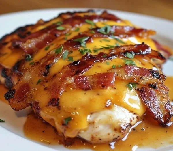 Delicious Cowboy BBQ Bacon Cheddar Chicken with melted cheese and bacon