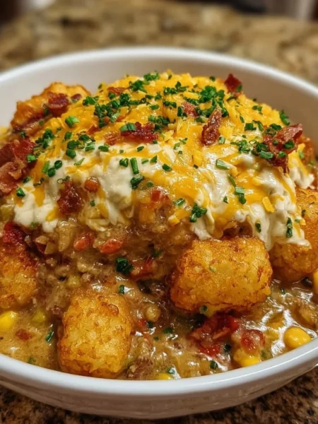 Delicious cowboy casserole served in a baking dish with toppings