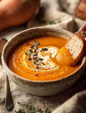 Bowl of sweet potato pumpkin soup garnished with herbs, perfect for autumn.