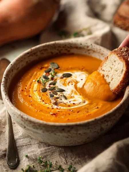 Bowl of sweet potato pumpkin soup garnished with herbs, perfect for autumn.