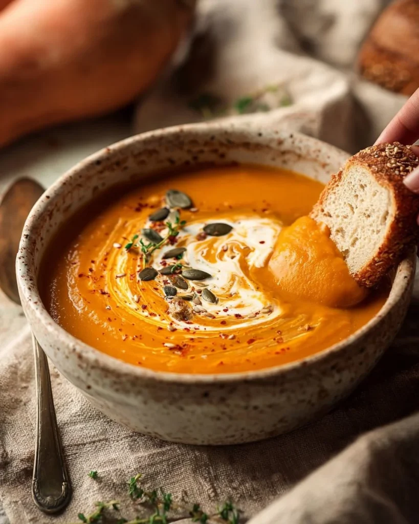 Bowl of sweet potato pumpkin soup garnished with herbs, perfect for autumn.