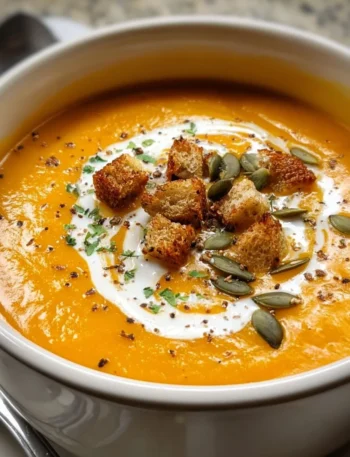 A bowl of cozy pumpkin soup topped with cream and herbs