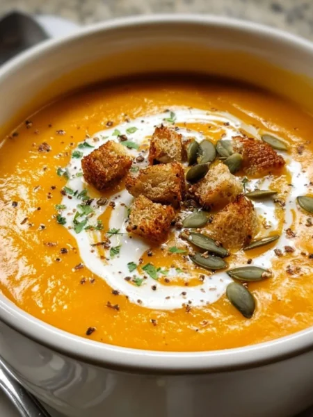 A bowl of cozy pumpkin soup topped with cream and herbs