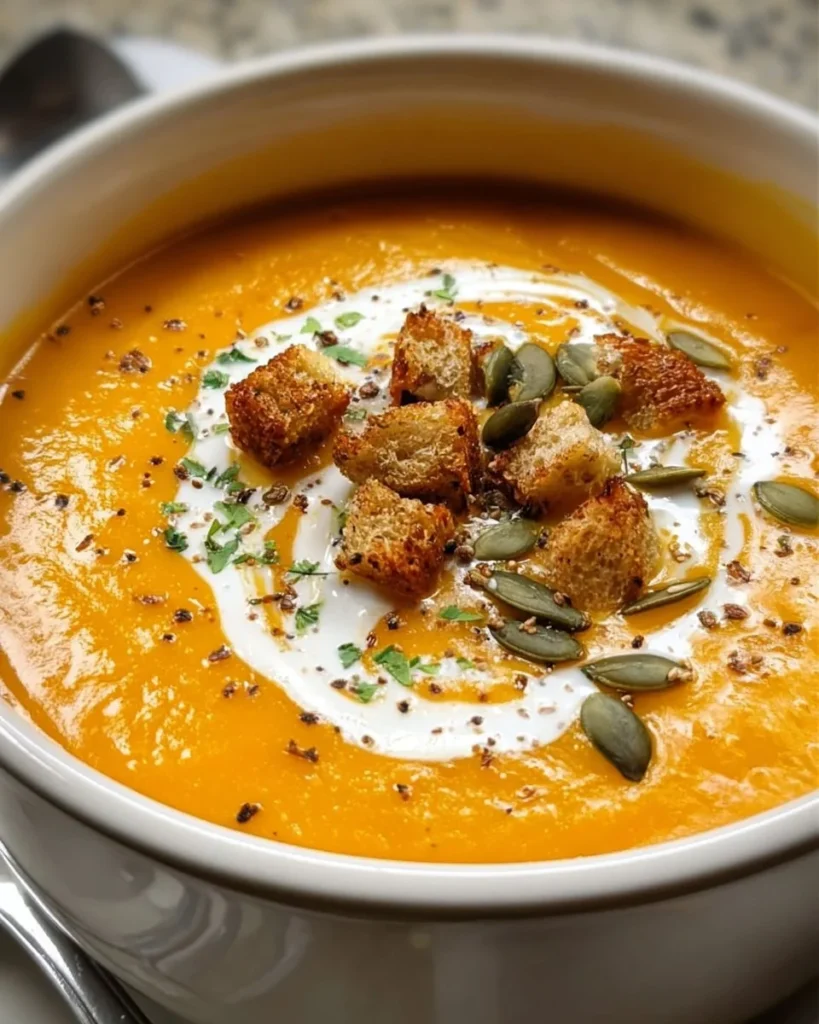 A bowl of cozy pumpkin soup topped with cream and herbs