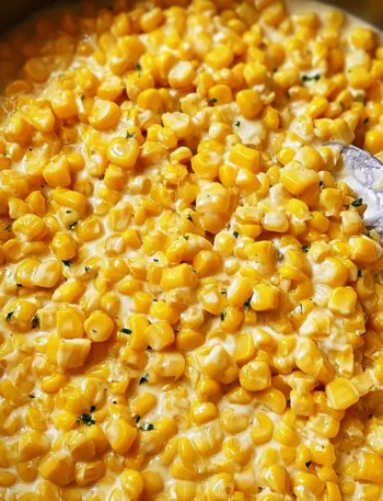 Delicious bowl of homemade creamed corn topped with herbs
