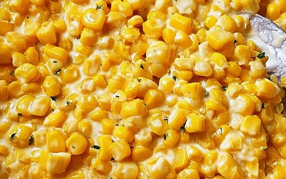 Delicious bowl of homemade creamed corn topped with herbs