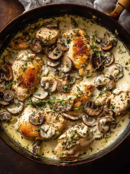 Delicious creamed mushroom chicken served with Brie cheese sauce