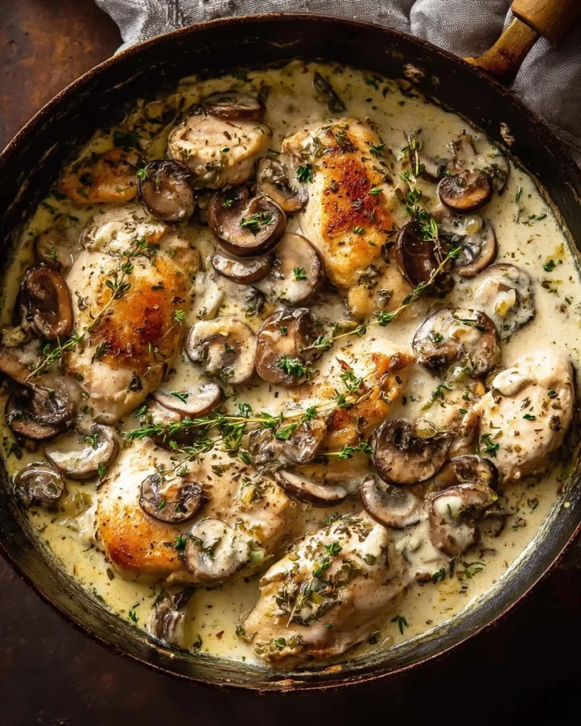 Delicious creamed mushroom chicken served with Brie cheese sauce