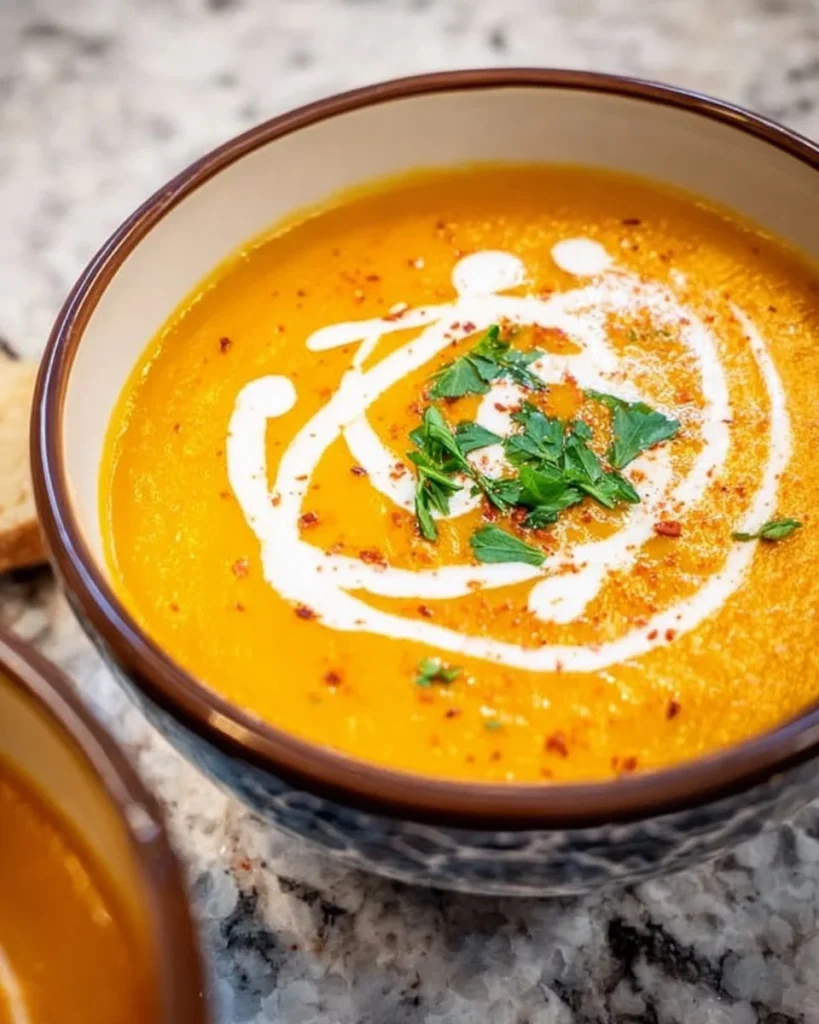 Bowl of creamy pumpkin bisque topped with herbs and served with bread