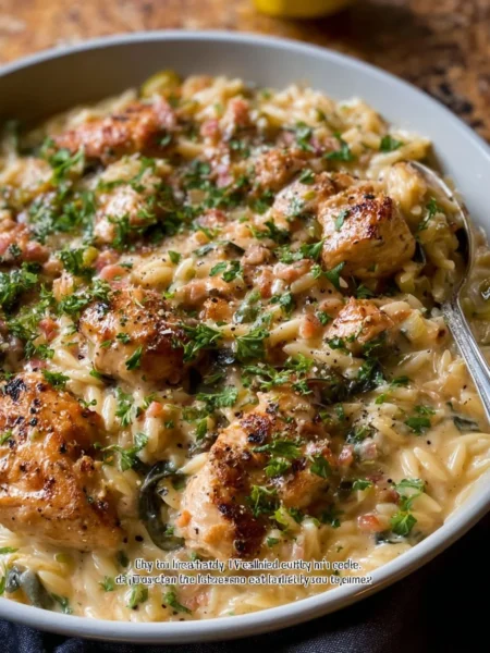 Creamy chicken and orzo dinner served in a bowl with fresh herbs.