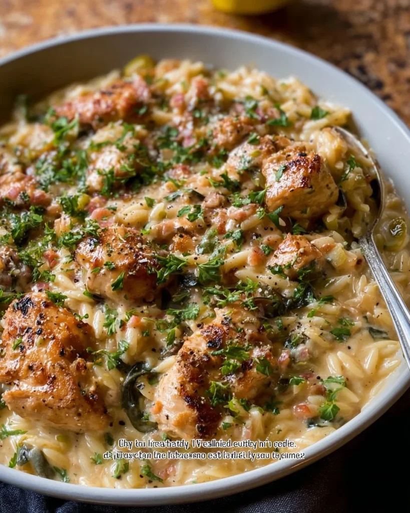 Creamy chicken and orzo dinner served in a bowl with fresh herbs.