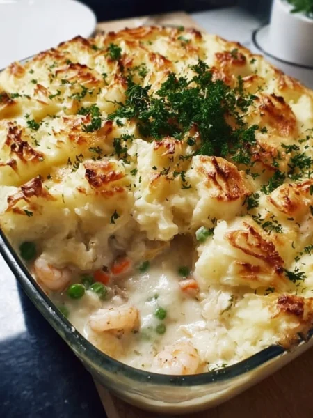 Creamy fish pie with a golden crust and fresh seafood filling