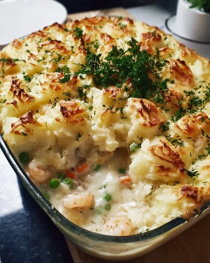 Creamy fish pie with a golden crust and fresh seafood filling