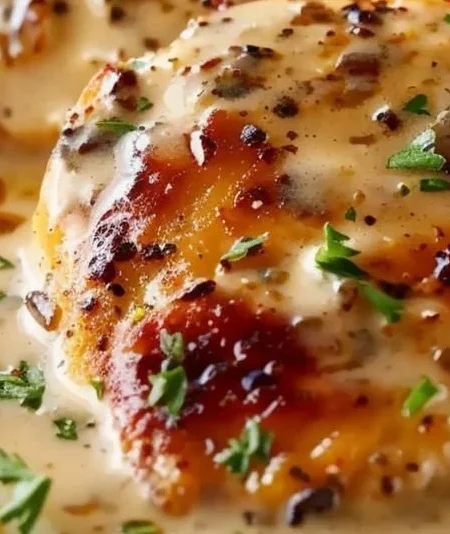 Delicious creamy garlic chicken with mashed potatoes on a plate