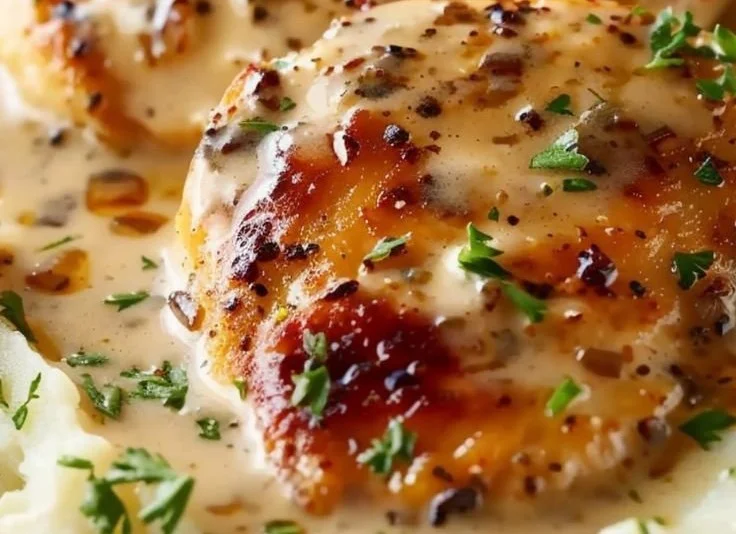 Delicious creamy garlic chicken with mashed potatoes on a plate