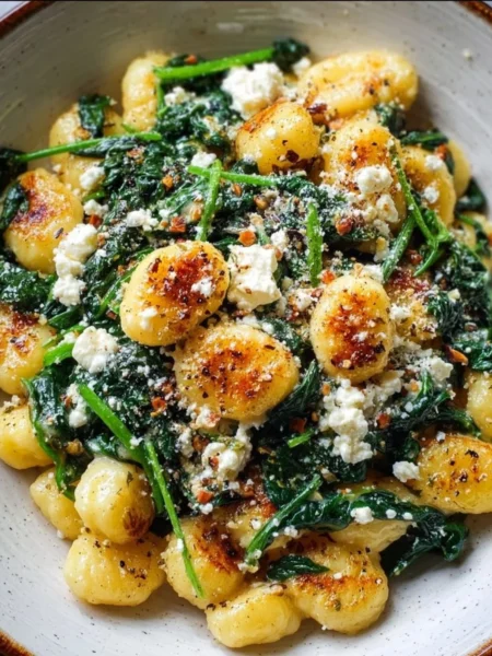 Creamy gnocchi with spinach and feta served in a bowl